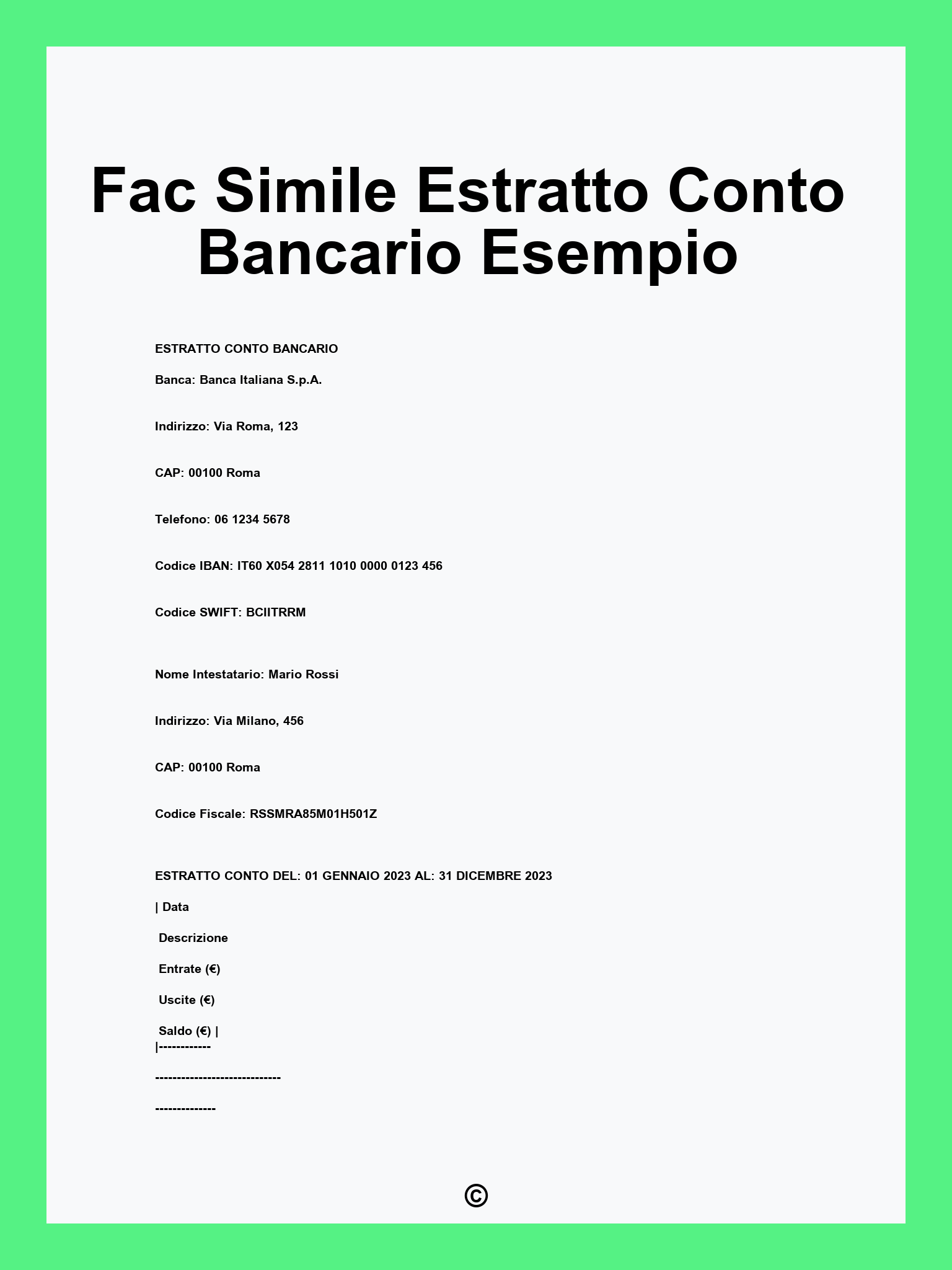Fac Simile Estratto Conto Bancario Esempio